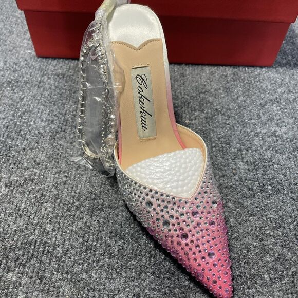 Cokvkuu Shoes Womens Pink Silver Rhinestone Slingback Pointed Toe Stiletto Heels - Picture 5 of 9